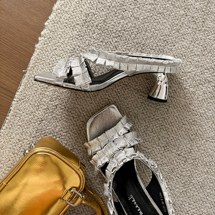 Karin Luna In Stock  Spot Goods  Unique Square-Toe Pleated Lace Sandals
