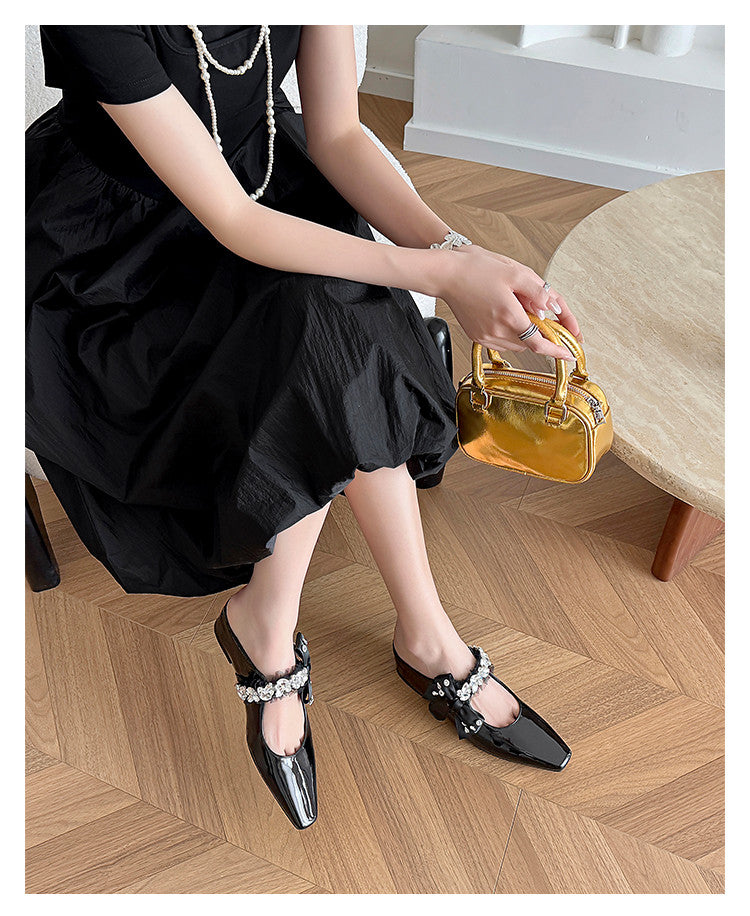 Karin Luna Handmade One-Strap Rhinestone Ribbon Square-Toe Mules