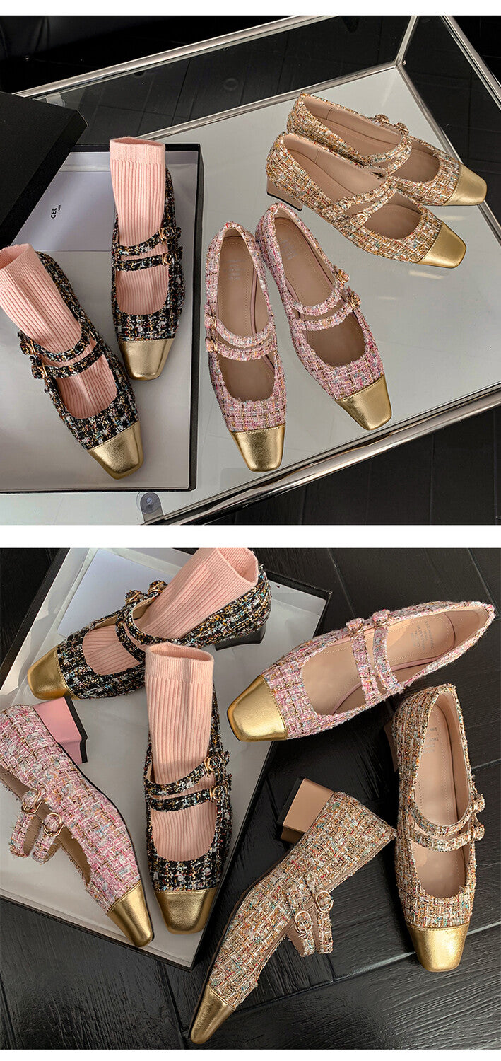 Karin Luna Classic Chanel Style~ Tweed Spring Limit Square Toe Chunky Heel Mary Jane Strap Single Shoes