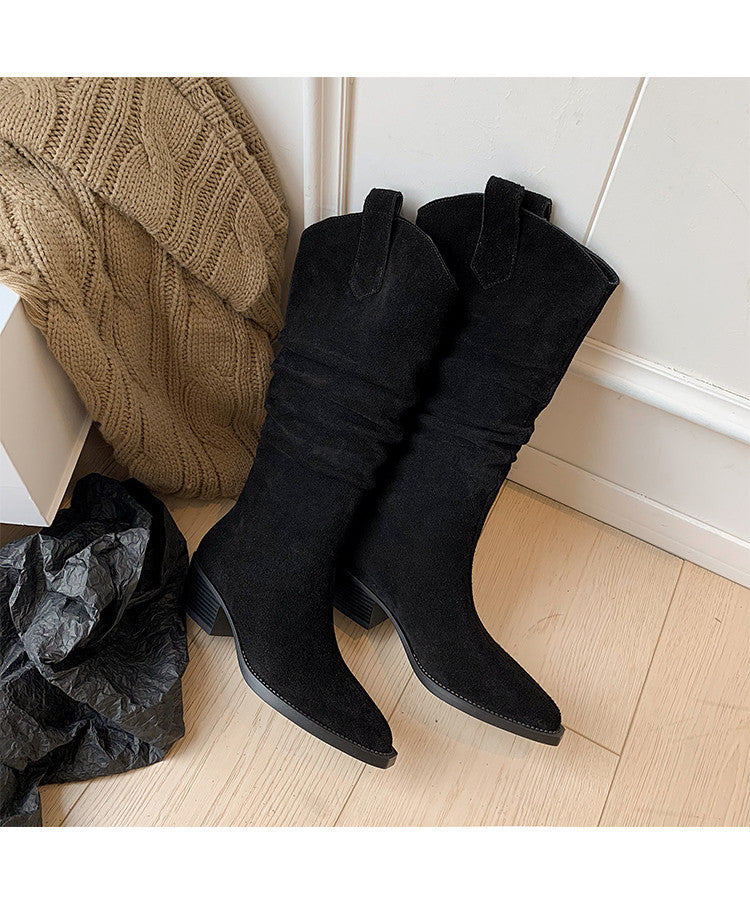 Karin Luna Elegant Style  Pointed Toe Wrinkled Wide Western Boots