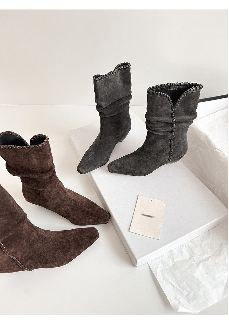 Karin Luna Small Square Toe Retro Ruched Pile Short Boots