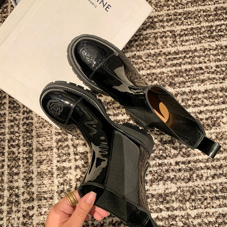 Karin Luna In Stock Spot Goods  Classic Embroidered Camellia Round Toe Thick Sole Chelsea Boots