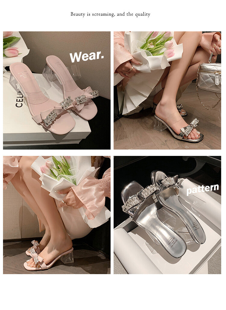 Karin Luna In Stock Summer New It's clearly a model with high traffic Rhinestone Flower Bow Crystal Heel Slippers