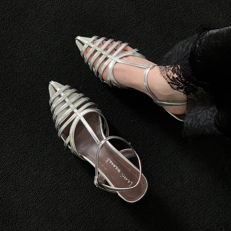 Karin Luna French Hollow Toe Metal Heel Elegant Sandals