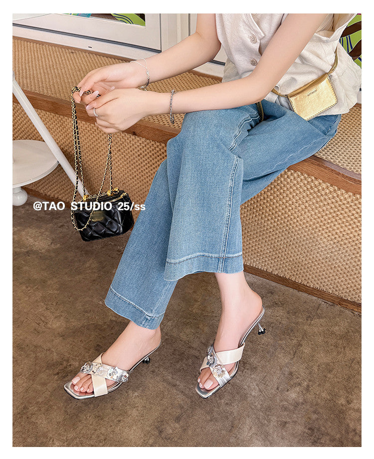 Karin Luna In Stock Spot Goods  Sequin Floral Cross Strap Square Toe Stiletto Slippers