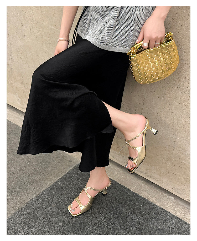 Karin Luna French Retro Square Toe Wrap Strap Open-Toe Slippers
