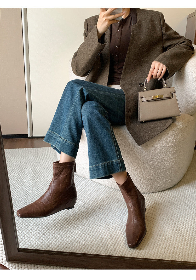 Karin Luna In Stock Spot Goods Slim Series  Hidden Wedge Small Square Toe Back Zipper Short Boots