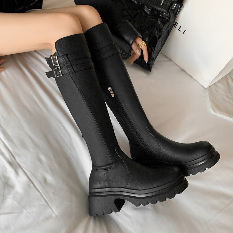 Karin Luna In Stock Best-selling in stock   Super Soft Sheepskin  Round Toe Thick Sole Vintage Belt Buckle Long Boots