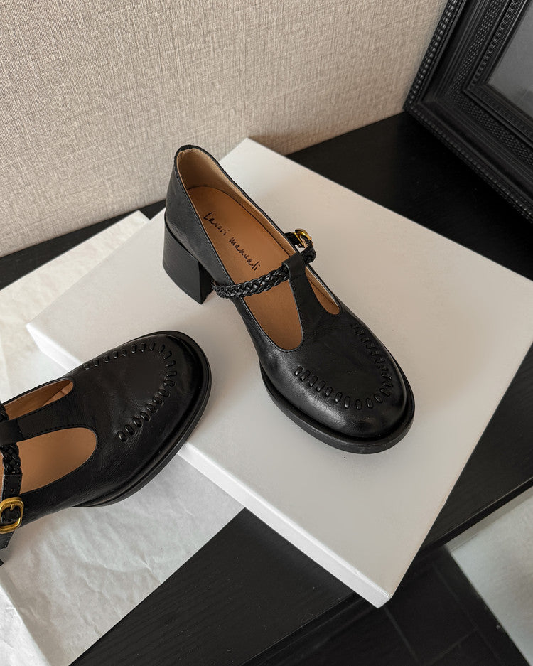 Karin Luna In Stock Spot Goods Vintage Braided Twist High Heels T Round Toe Thick Sole Single Shoes
