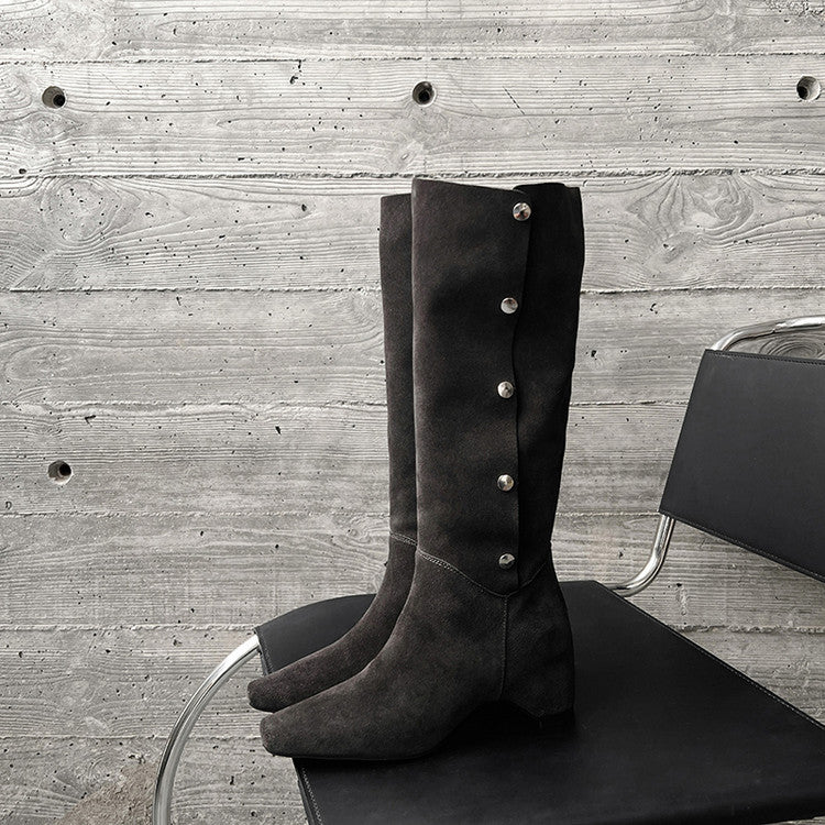 Karin Luna Bestseller Hot-Selling Hidden Buckle Lazy Style Square-Toe Height-Increasing Suede Western Boots
