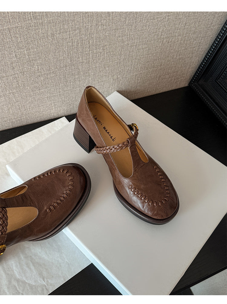 Karin Luna In Stock Spot Goods Vintage Braided Twist High Heels T Round Toe Thick Sole Single Shoes