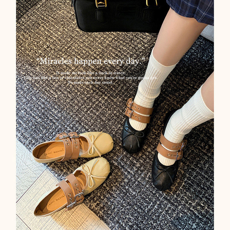 Karin Luna In Stock Spot Goods Minimalist Retro Round Toe Mary Jane Bowknot Height-Increasing Flats