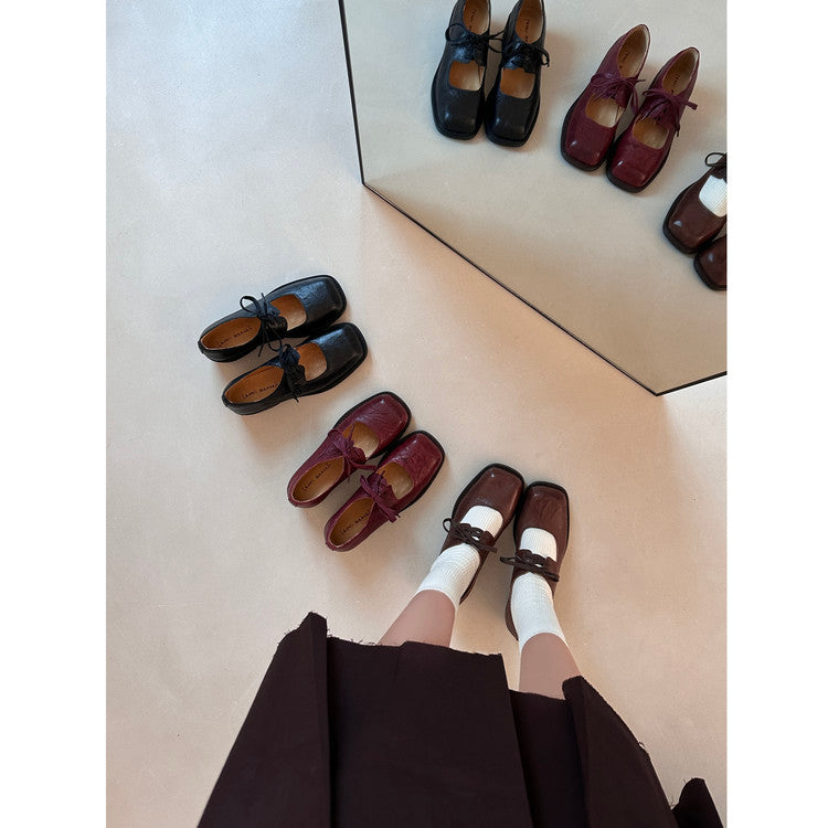 Karin Luna In Stock Spot Goods   Full leather inside and out Vegetable Tanned Hand-Grabbed Sheepskin Square-Toed Chunky Heel Single Shoes