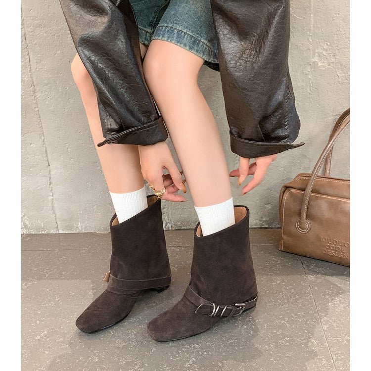 Karin Luna Data Hot Item Square Toe Hidden Wedge Belt Buckle Suede Ankle Boots