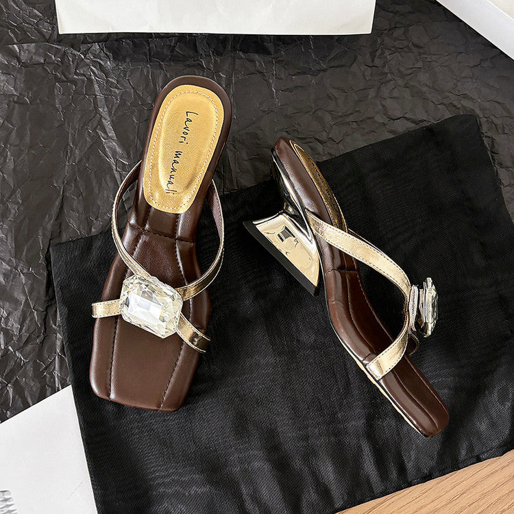Karin Luna In Stock Spot Goods Rhinestone Square Toe Irregular Heel Slippers