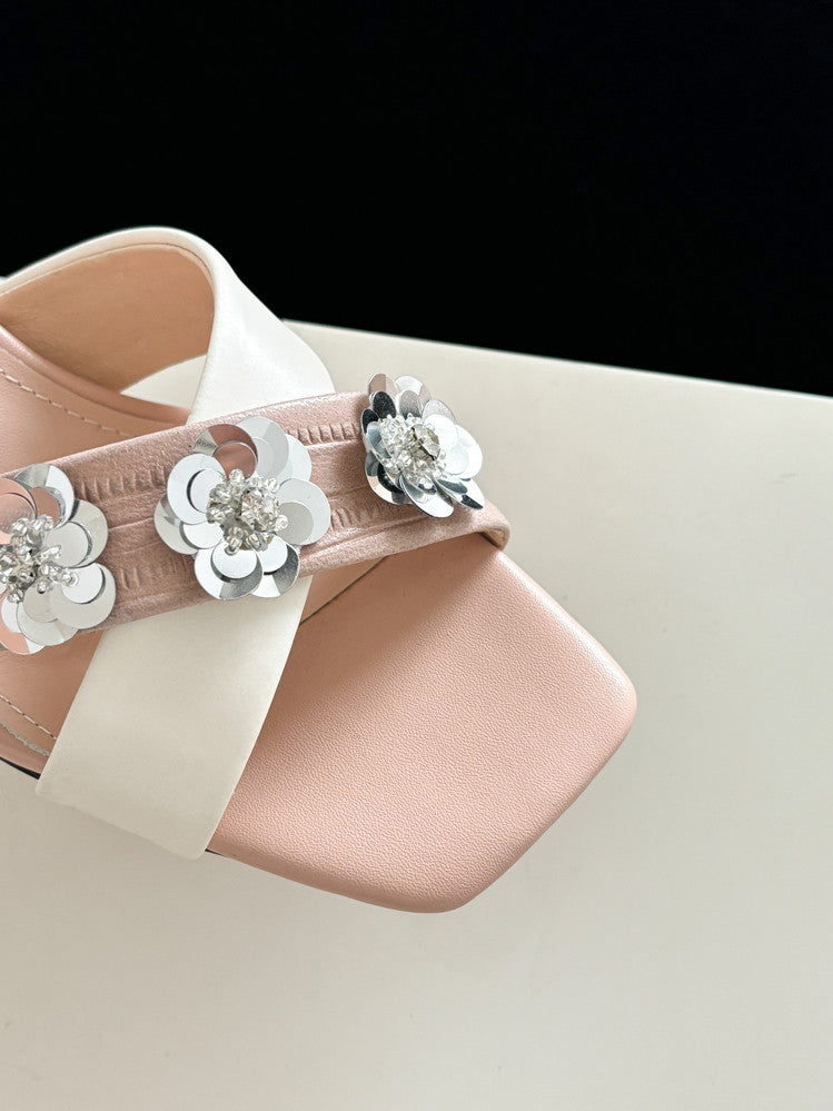 Karin Luna In Stock Spot Goods  Sequin Floral Cross Strap Square Toe Stiletto Slippers
