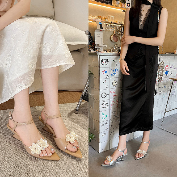 Karin Luna In Stock Spot Goods  Classic Camellia Pointed Toe Elegant Irregular Heel Sandals