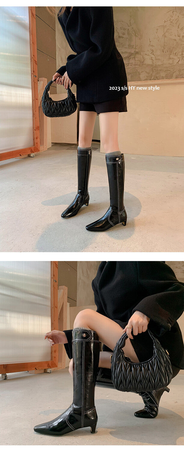 Karin Luna In Stock Spot Goods  Vintage Open Stitch Small Square Toe High Heel Side Zipper Riding Boots