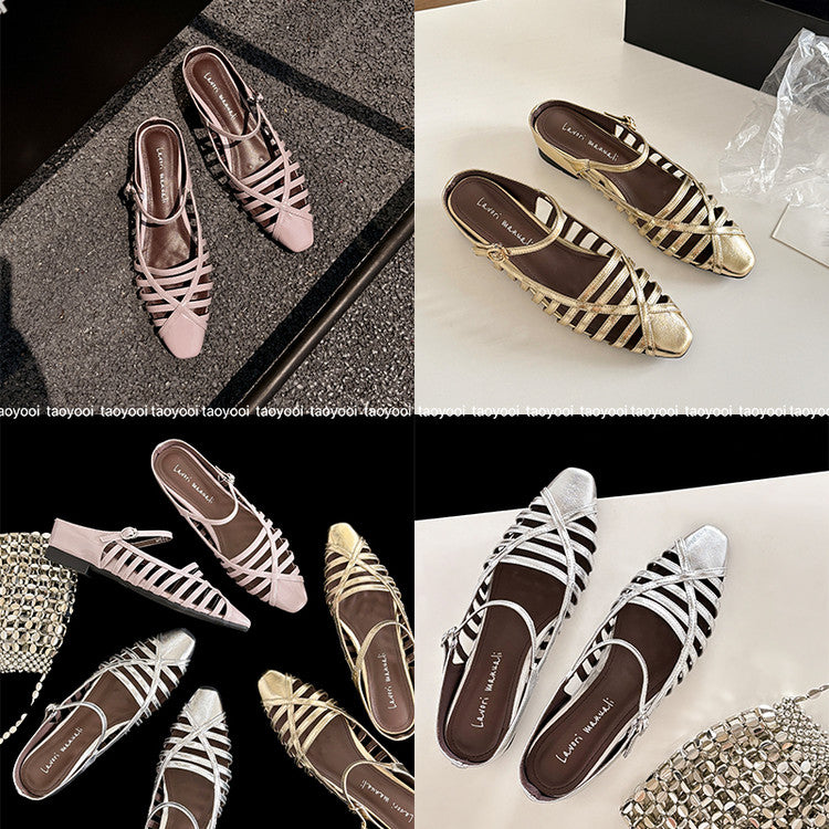 Karin Luna In Stock Spot Goods   French Retro Hollow Small Square Toe One-Strap Slippers