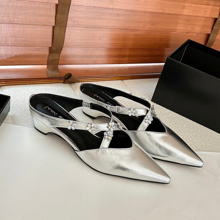 Karin Luna Elegant Pointed Toe Rhinestone Flower High Heel Mules