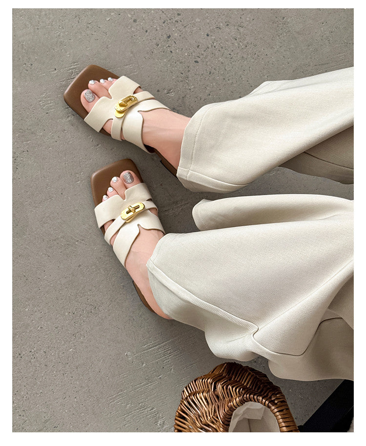 Karin Luna Comfortable Gold Buckle Square Toe Chunky Heel Casual Style Slippers
