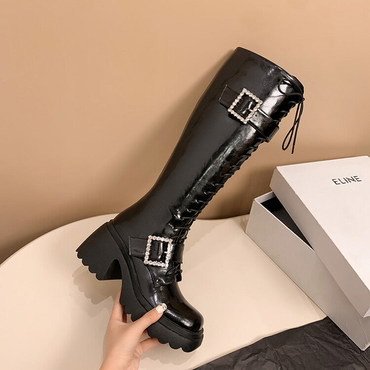 Karin Luna In Stock Spot Goods Bestselling Extended Version Rhinestone Square Buckle Thick Sole Lace-up Thick Sole Full Cowhide Knight Boots