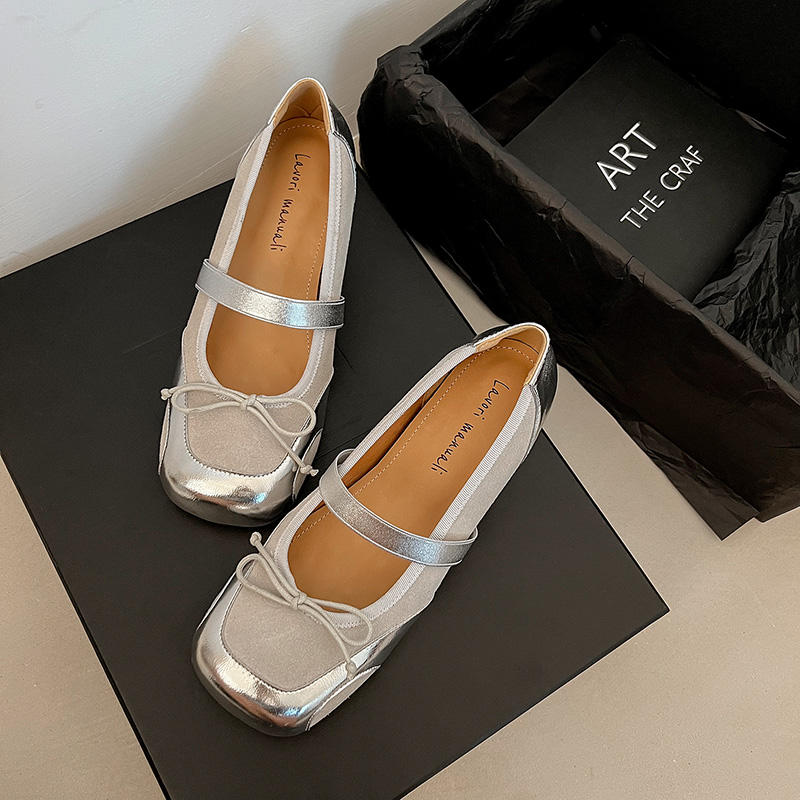 Karin Luna In Stock Spot Goods    Color Block Cowhide Leather Square Toe Slip-On Height Increasing Bowknot Flats