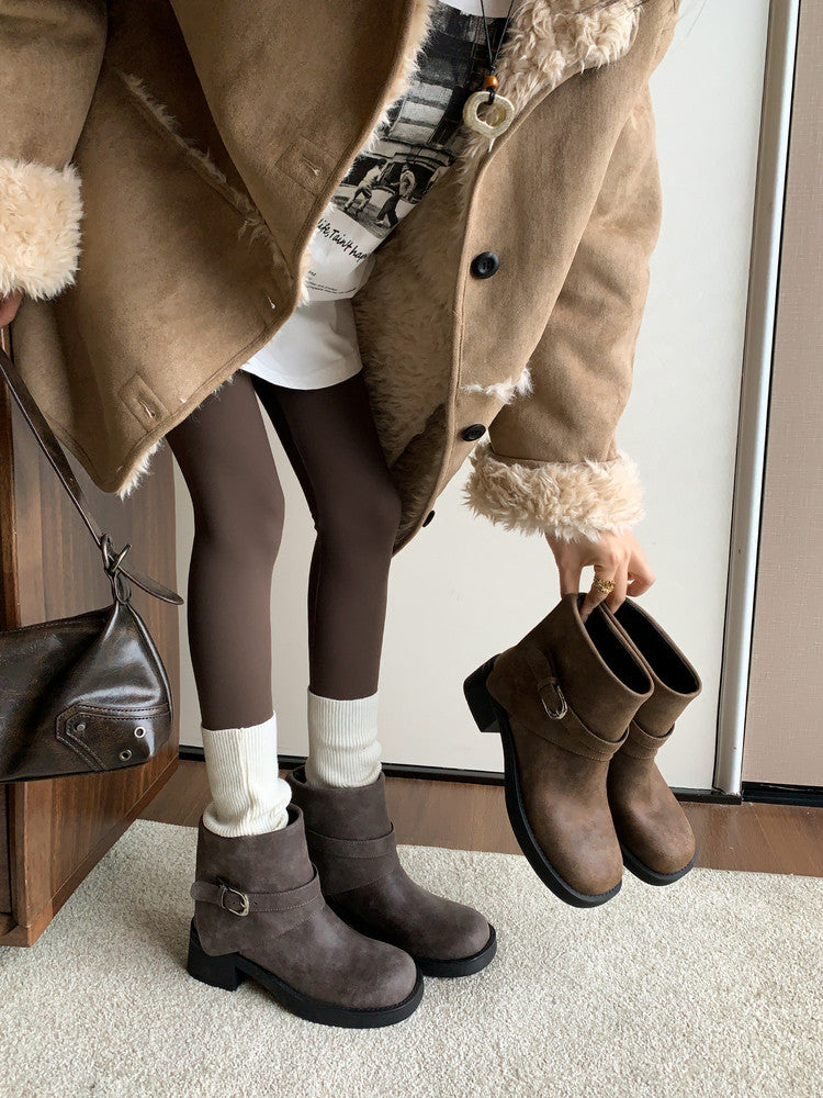 Karin Luna In Stock Spot Goods Versatile Basic Round Toe Belt Buckle Thick Sole Tube Boots