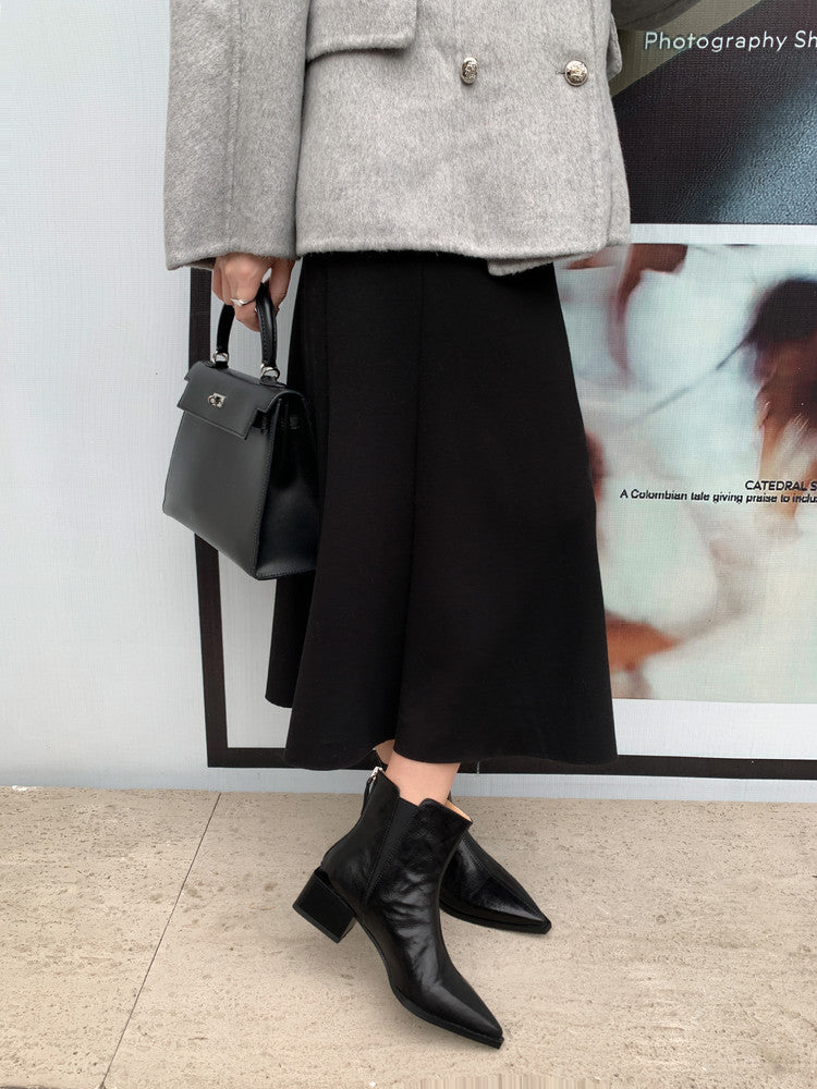 Karin Luna In Stock Spot Goods Elegant Stretch Fabric Patchwork Pointed Toe Chunky Heel Short Boots