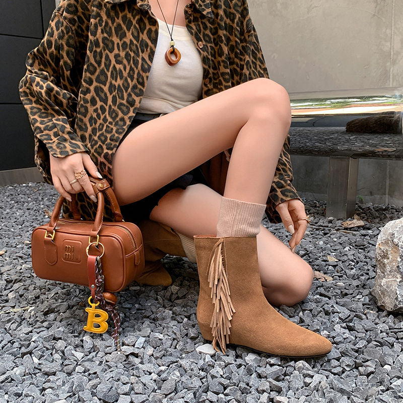 Karin Luna In Stock Spot Goods Tassel Square Toe Hidden Wedge Short Boots