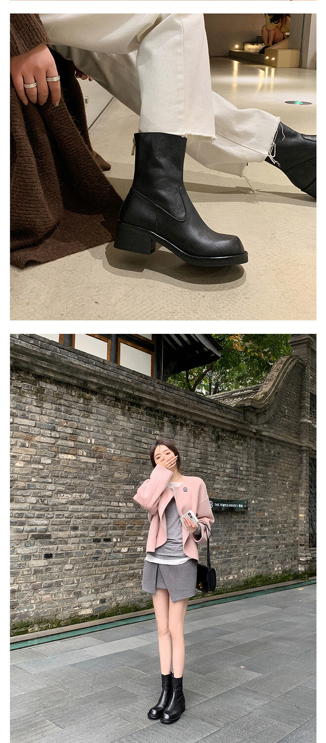 Karin Luna In Stock Spot Goods  Full-grain leather inside and out   Minimalist Texture  Round Toe Flat Bottom Basic Short Boots