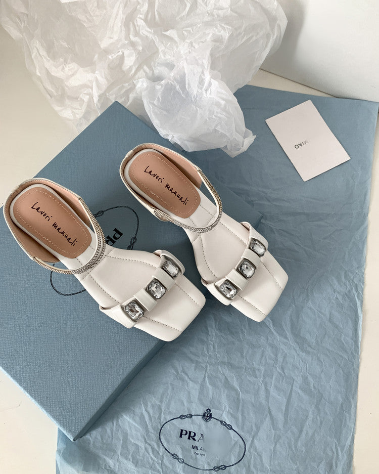 Karin Luna Bestseller Popular Rhinestone Ribbon Square Toe Slippers
