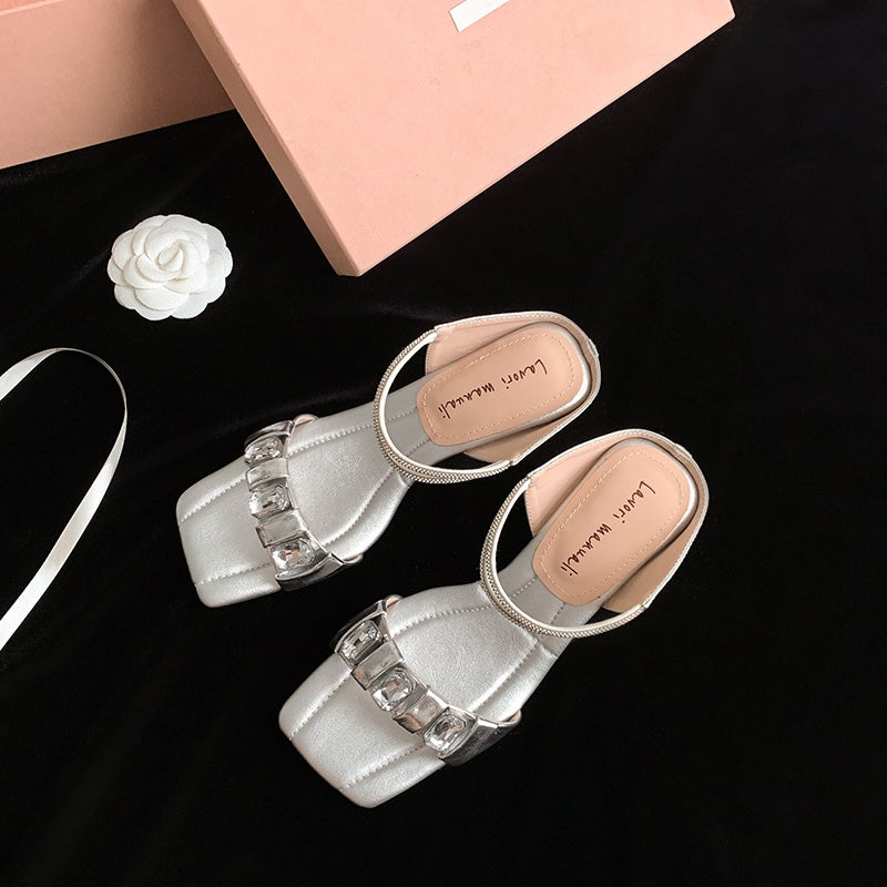 Karin Luna Bestseller Popular Rhinestone Ribbon Square Toe Slippers