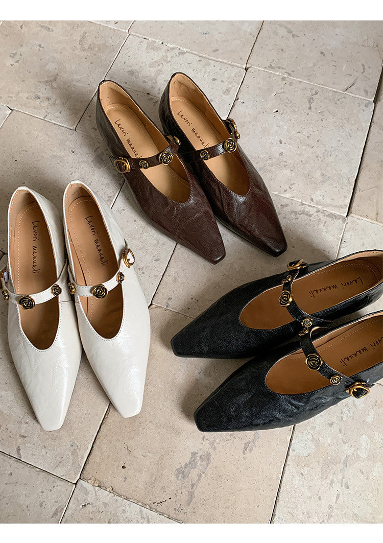 Karin Luna In Stock Spot Goods    Retro Classic Metal Camellia Irregular Heel Single Shoes