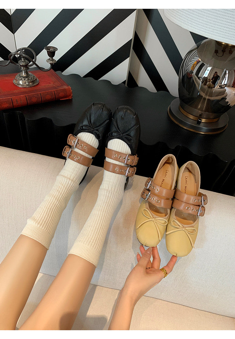 Karin Luna In Stock Spot Goods Minimalist Retro Round Toe Mary Jane Bowknot Height-Increasing Flats
