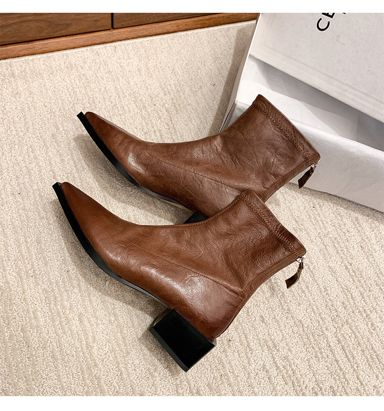 Karin Luna Elegant Style Pointed Toe Chunky Heel Short Boots