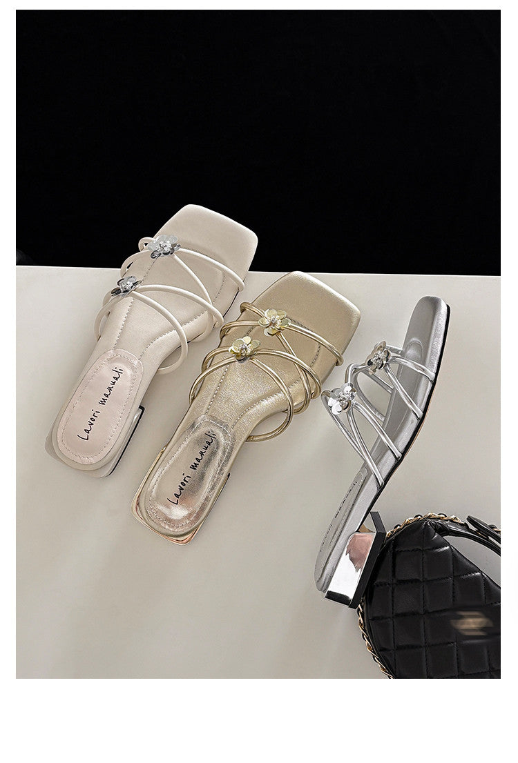 Karin Luna In Stock    Spot Goods    Square Toe One-Strap Sequin Flower Flat Slippers