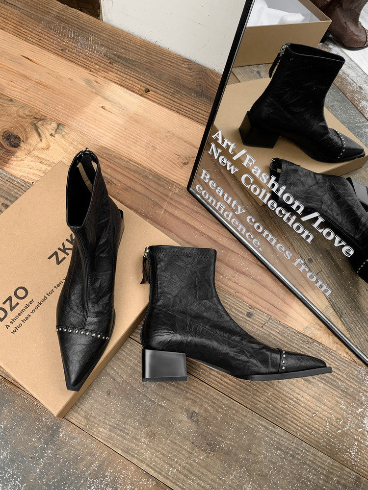 Karin Luna In Stock In Stock Slim Boots Series~Pointed Toe Rivet Slim Short Boots