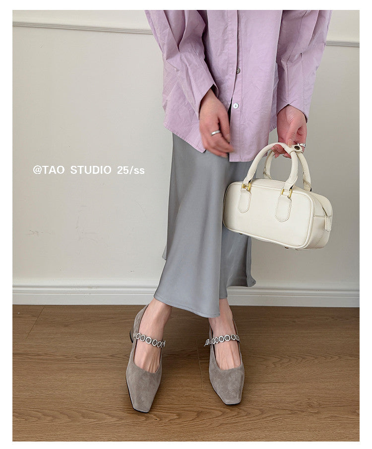 Karin Luna In Stock Spot Goods  Vintage Full Leather Square Toe Rhinestone Strap Shallow Mouth Single Shoes