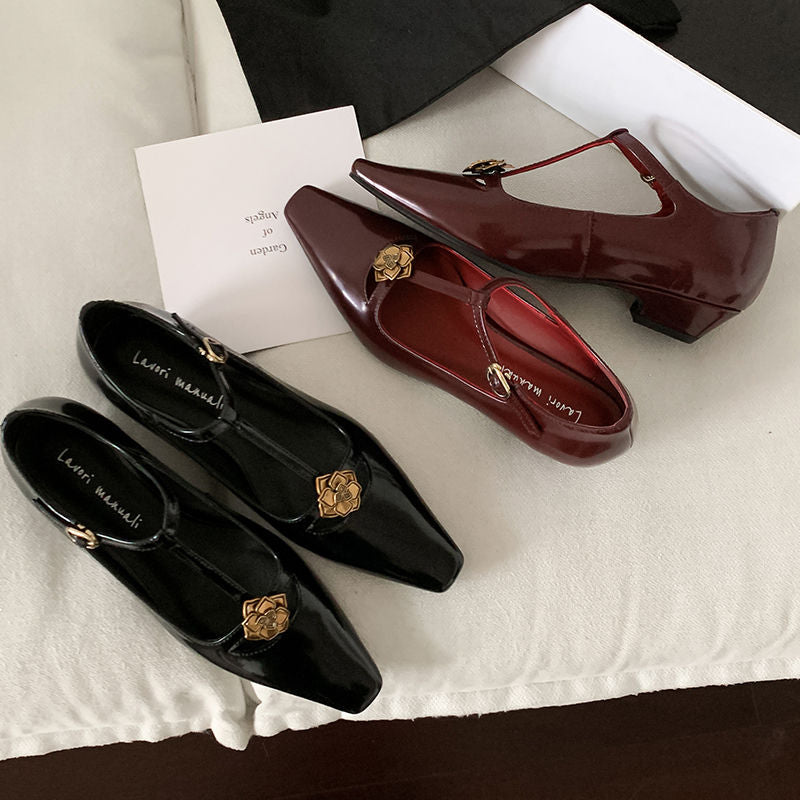Karin Luna In Stock Spot Goods    Retro Classic Metal Camellia Irregular Heel Single Shoes