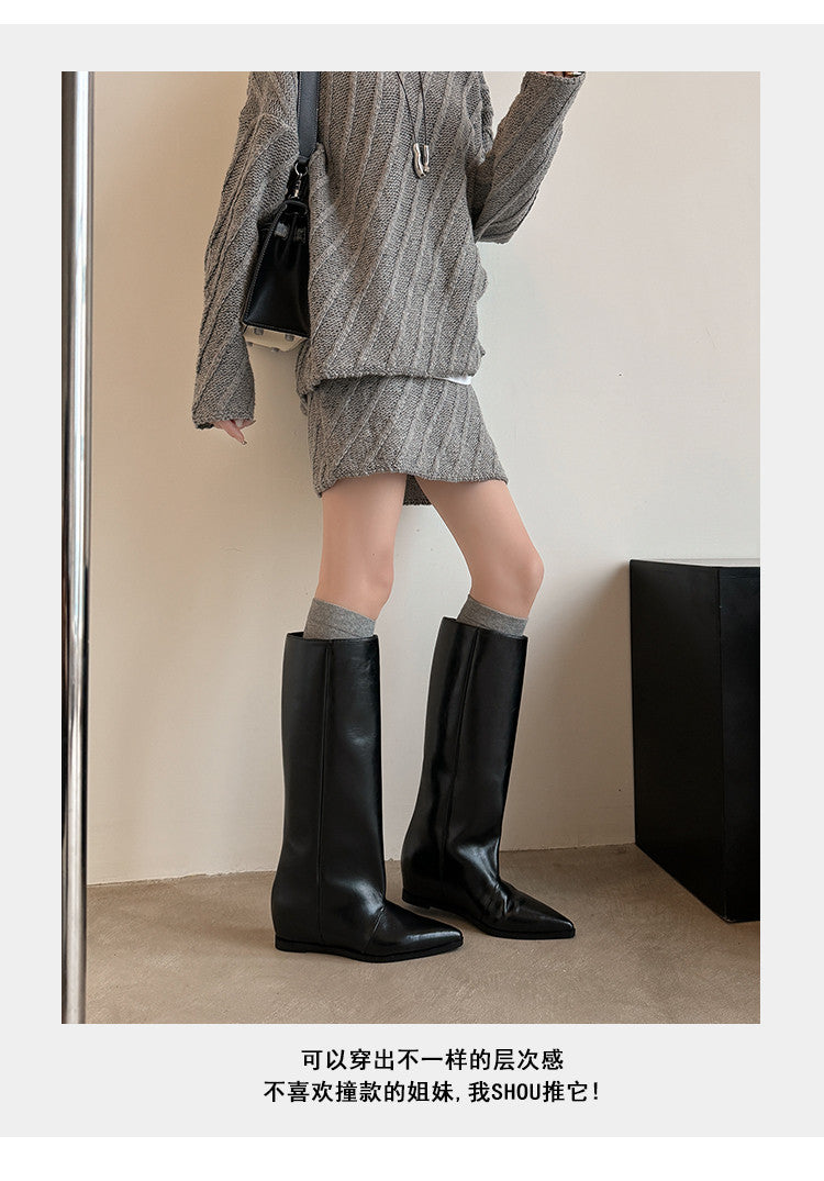 Karin Luna Elegant Style Pointed Toe Internal Height Increase Slip-On Long Boots