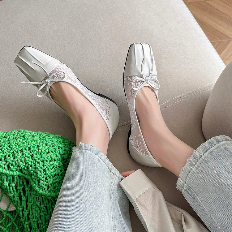 Karin Luna In Stock In Stock  Wrinkled Square Toe Patchwork Breathable Mesh Bow Granny Shoes