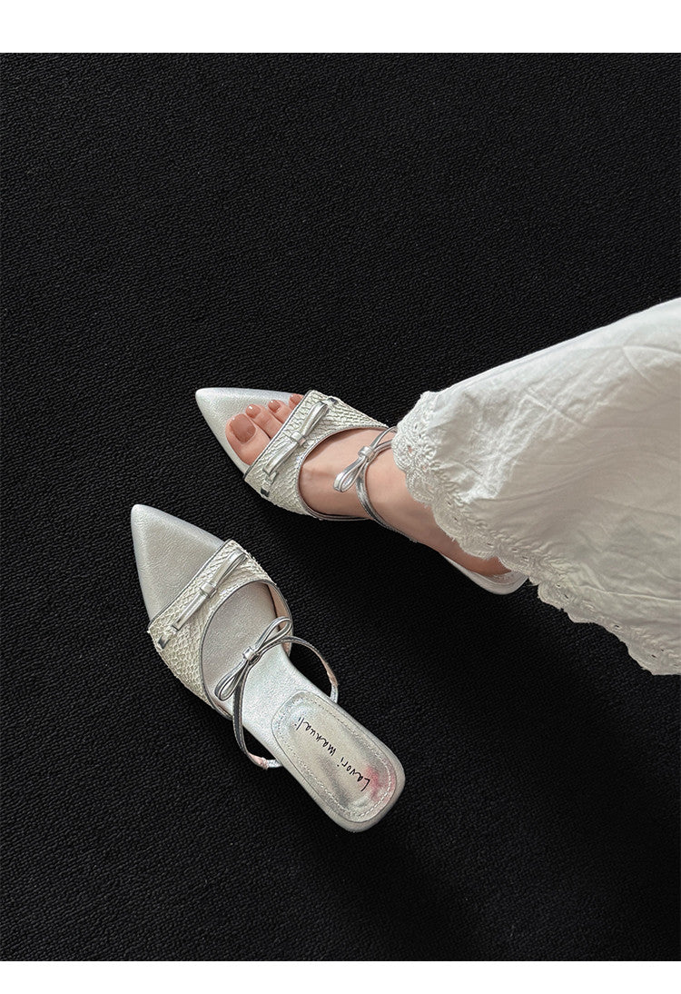 Karin Luna Fish Skin Series~Pointed Toe Irregular Heel Bowknot Strap Slippers