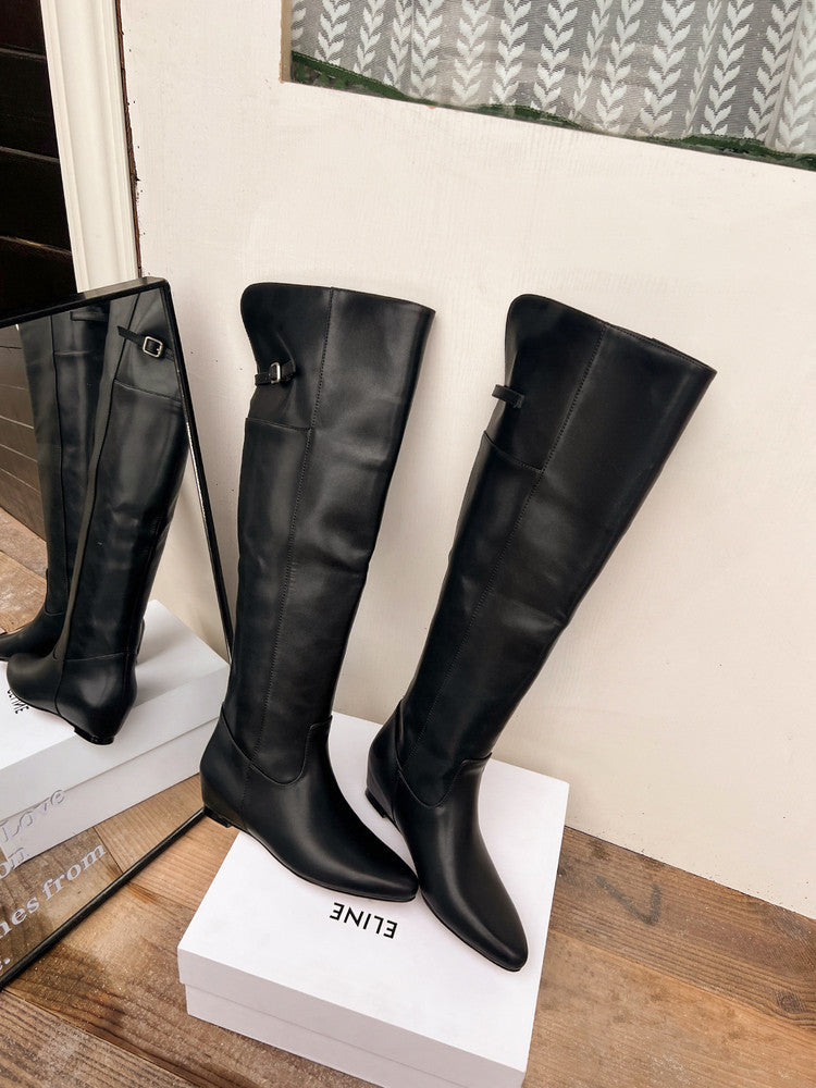 Karin Luna In Stock Spot Goods Vintage Cowhide Leather Two-Way Wear Pointed Toe Height-Increasing Long Boots