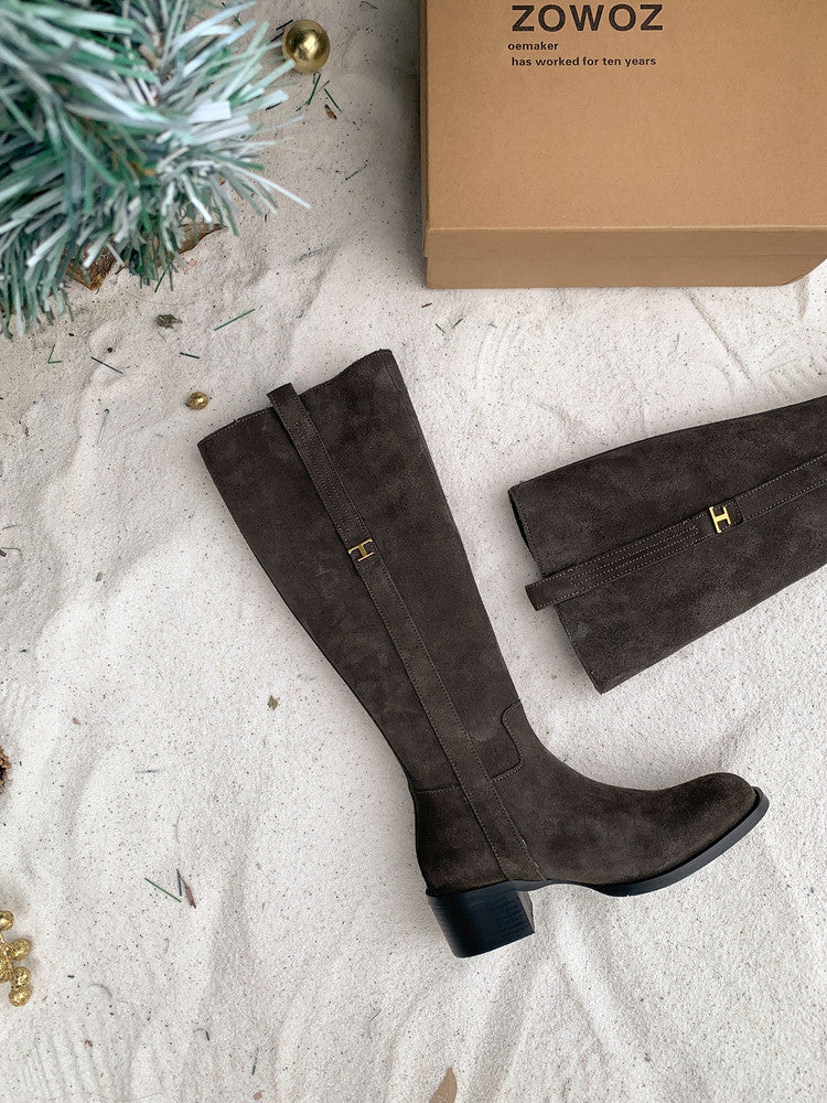 Karin Luna In Stock Spot Goods Basic Retro Square Toe Chunky Heel Riding Boots