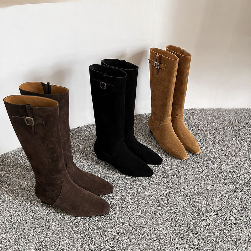 Karin Luna In Stock Spot Goods Vintage Cowhide Leather Chunky Heel Height Increasing Long Boots