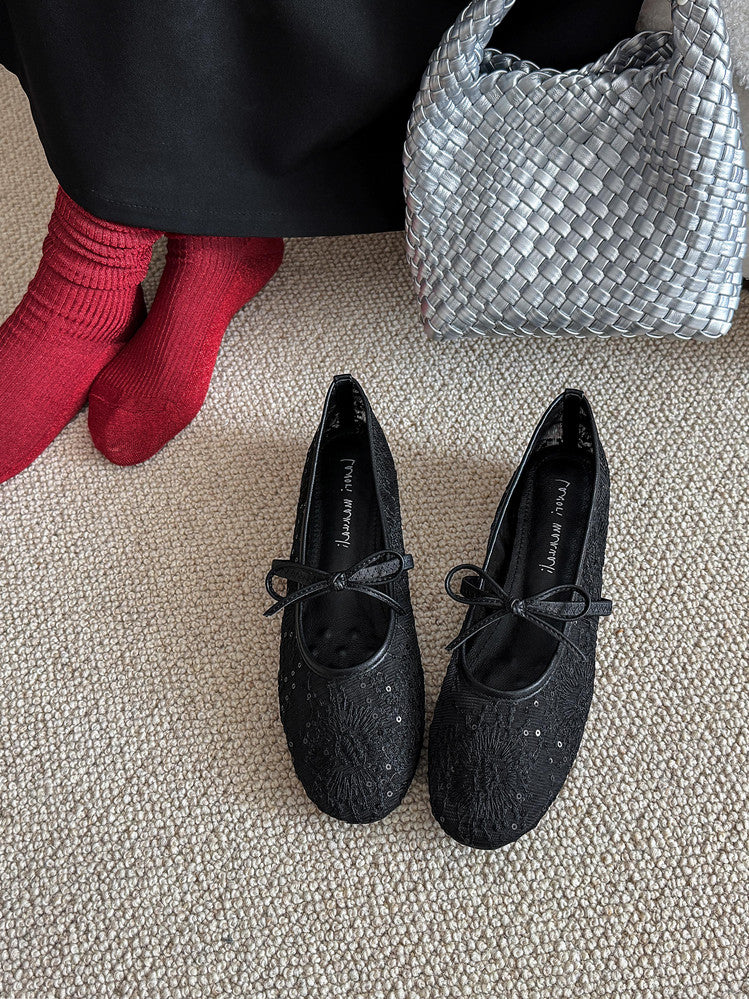 Karin Luna In Stock Spot Goods  Summer Breathable Retro Embroidered Bow Granny Shoes