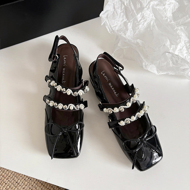 Karin Luna In Stock In Stock  Square Toe Bowknot Pearl Strap Closed-Toe Sandals