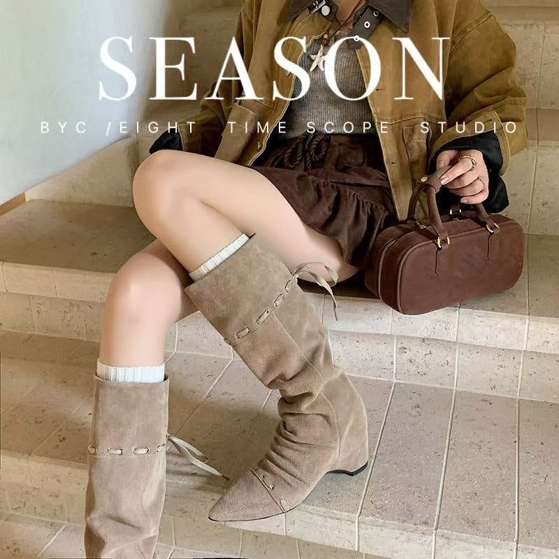 Karin Luna Elegant Style  Pointed Toe Pleated Hidden Wedge Western Boots