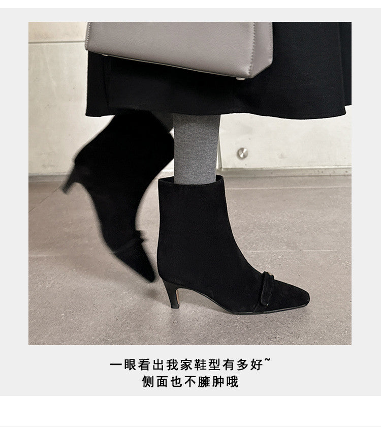 Karin Luna Elegant Style Small Square Toe Belt Buckle Thin Heel Short Boots